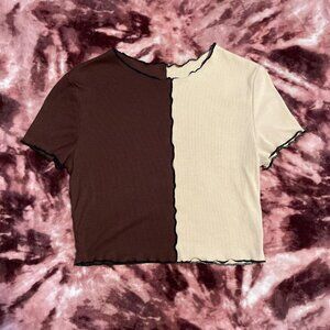 Brown & Cream Beige 3D Crop top w/ ruffled ends.